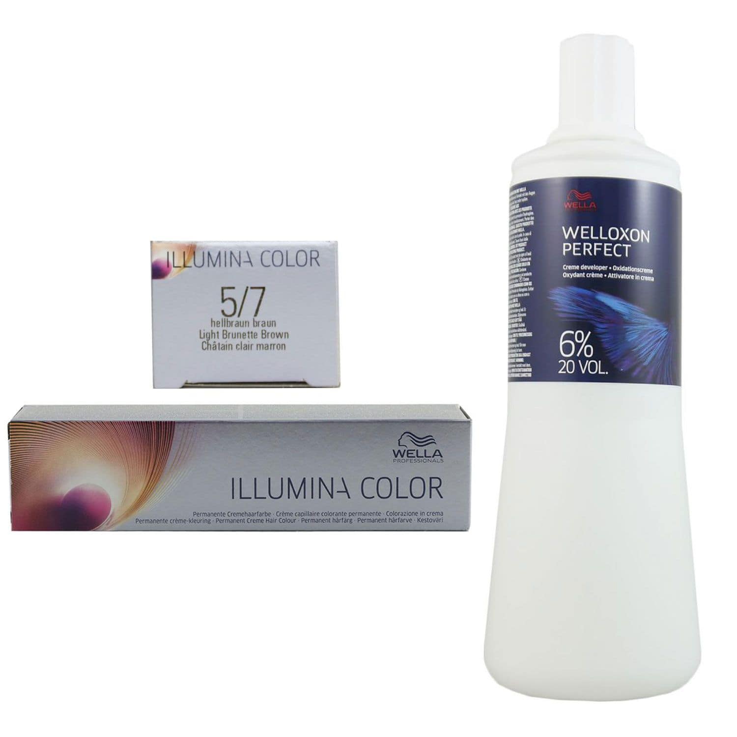 Wella Illumina 60 ml 5/7 hellbraun braun & 1000 ml 6 % Entwickler Set