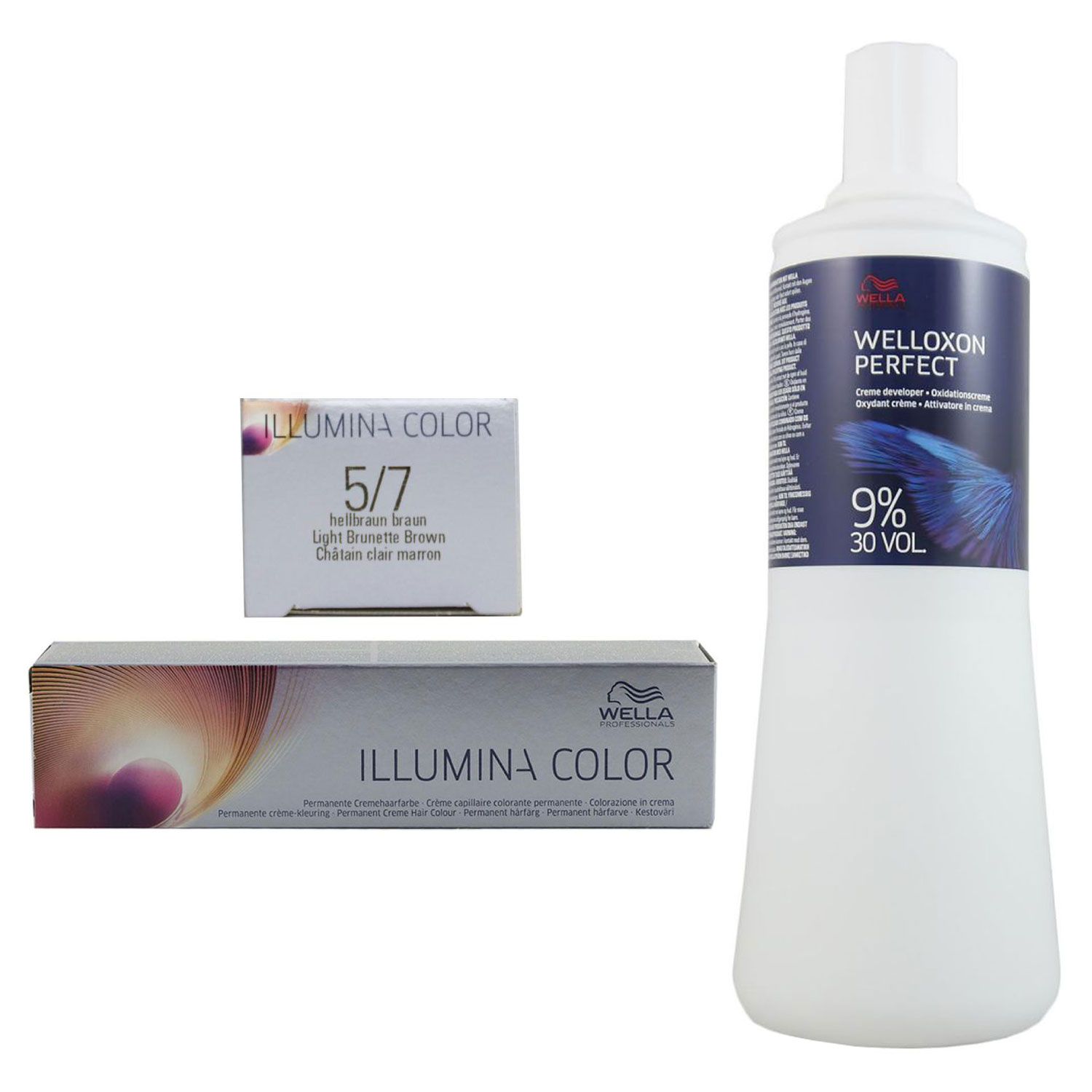 Wella Illumina 60 ml 5/7 hellbraun braun & 1000 ml 9 % Entwickler Set