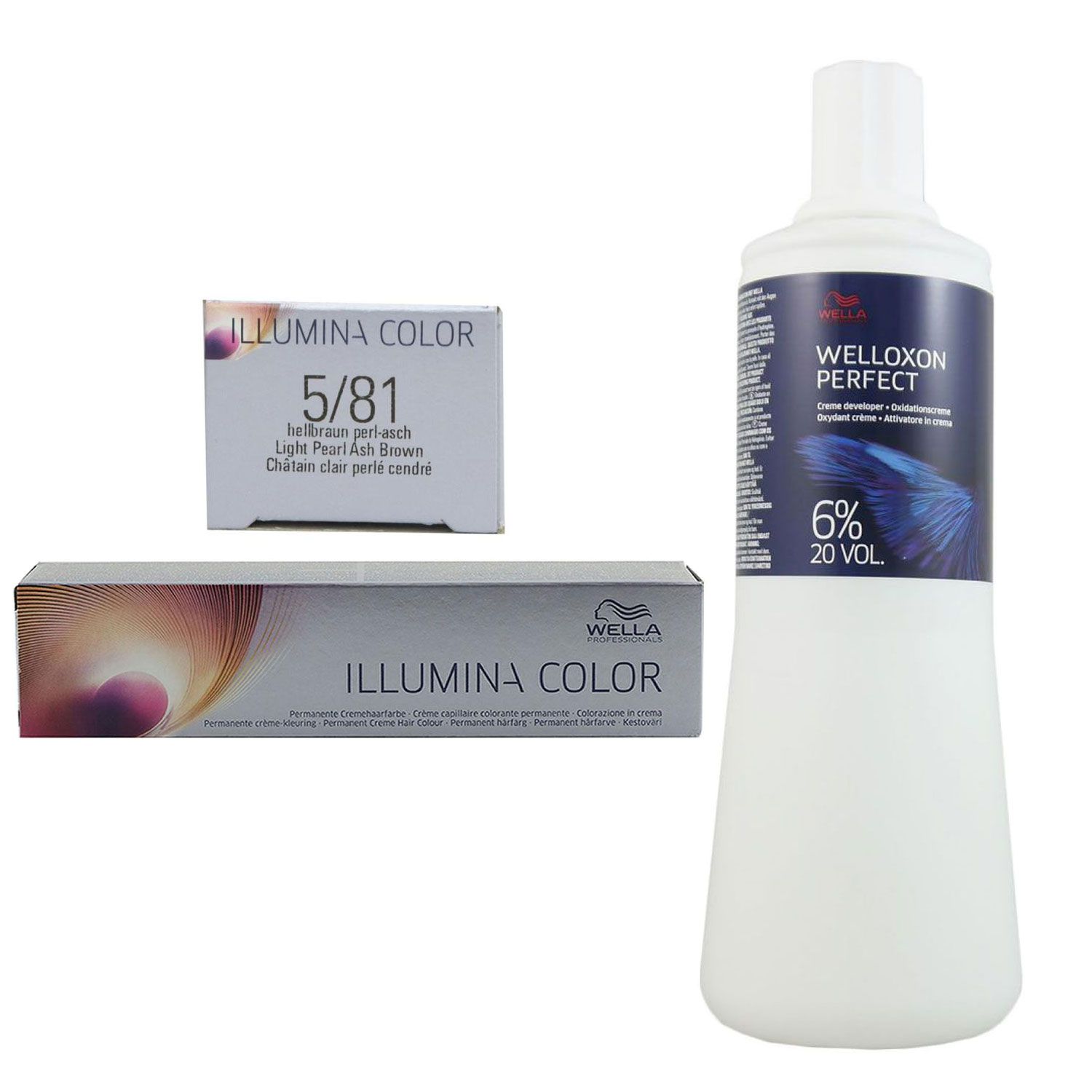 Wella Illumina 60 ml 5/81 hellbraun perl asch & 1000 ml 6 % Entwickler Set