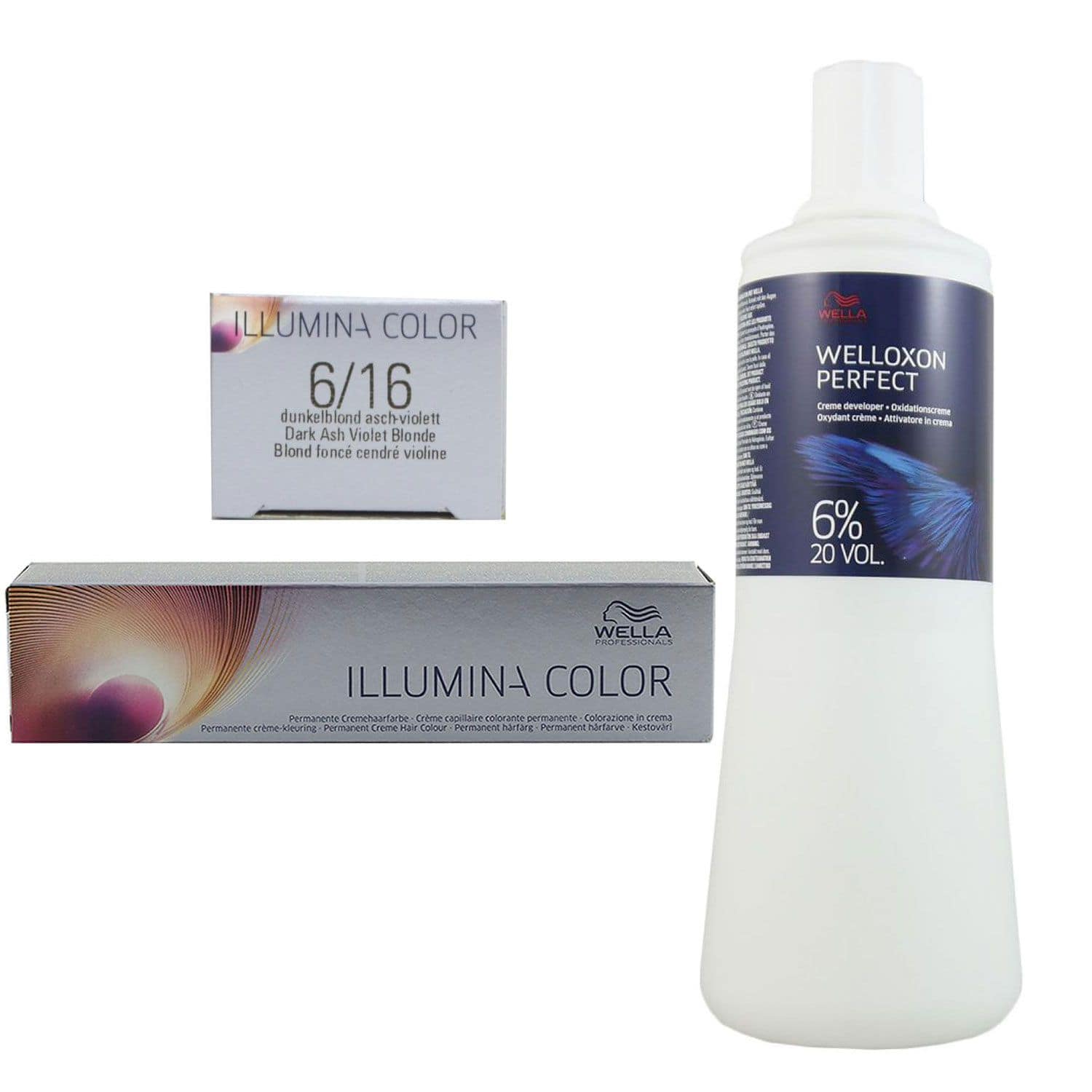Wella Illumina 60 ml 6/16 dunkelblond asch violett & 1000 ml 6 % Entwickler Set