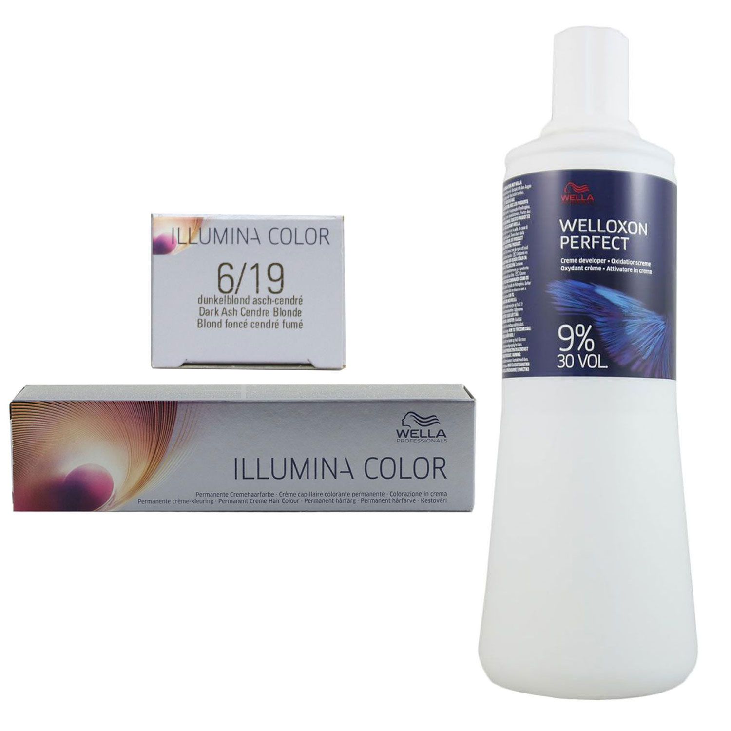 Wella Illumina 60 ml 6/19 dunkelblond asch cendre & 1000 ml 9 % Entwickler Set