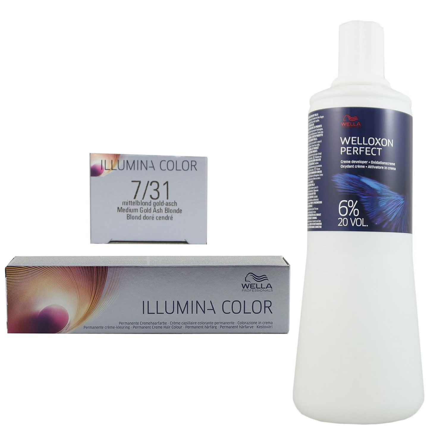 Wella Illumina 60 ml 7/31 mittelblond gold asch & 1000 ml 6 % Entwickler Set