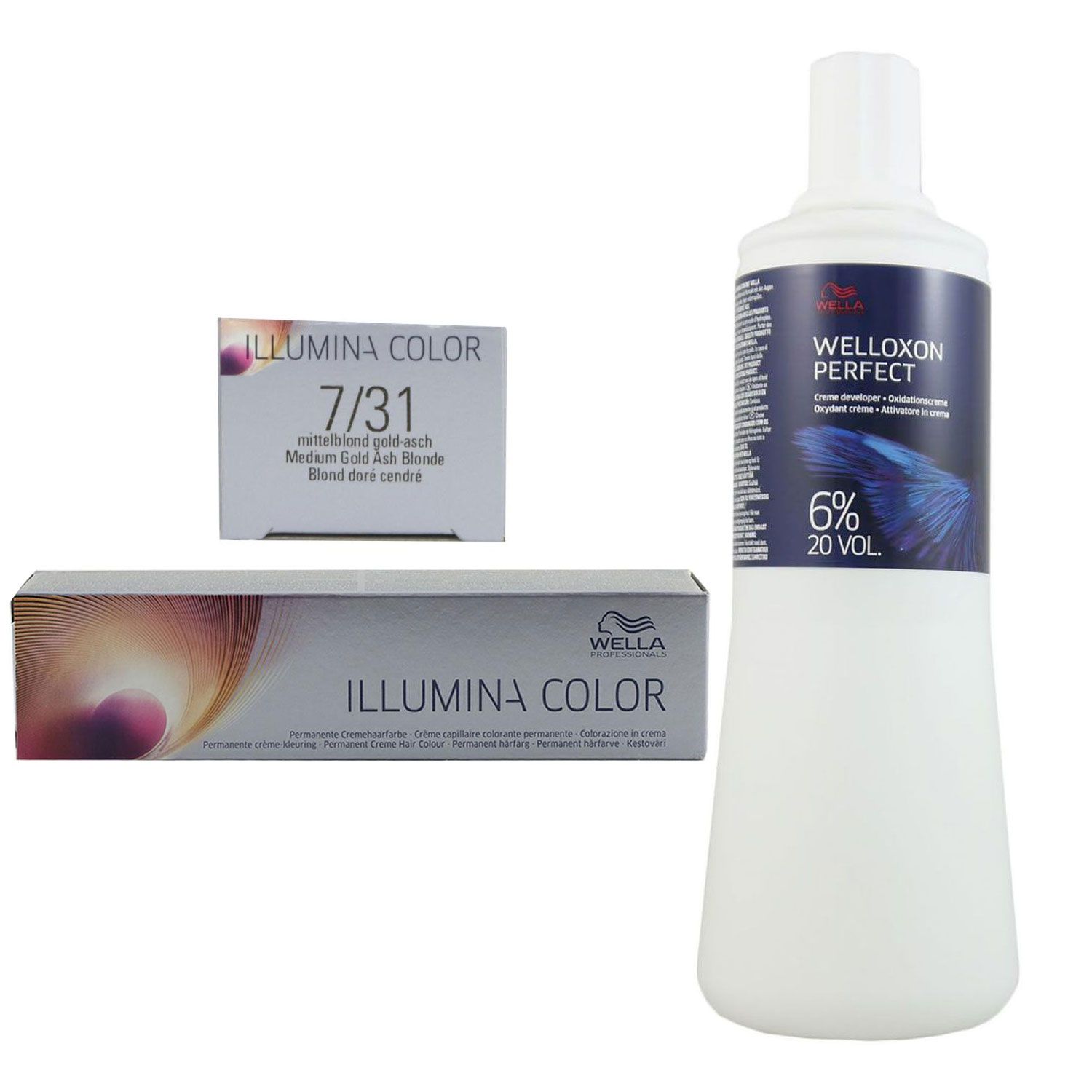 Wella Illumina 60 ml 7/31 mittelblond gold asch & 1000 ml 6 % Entwickler Set