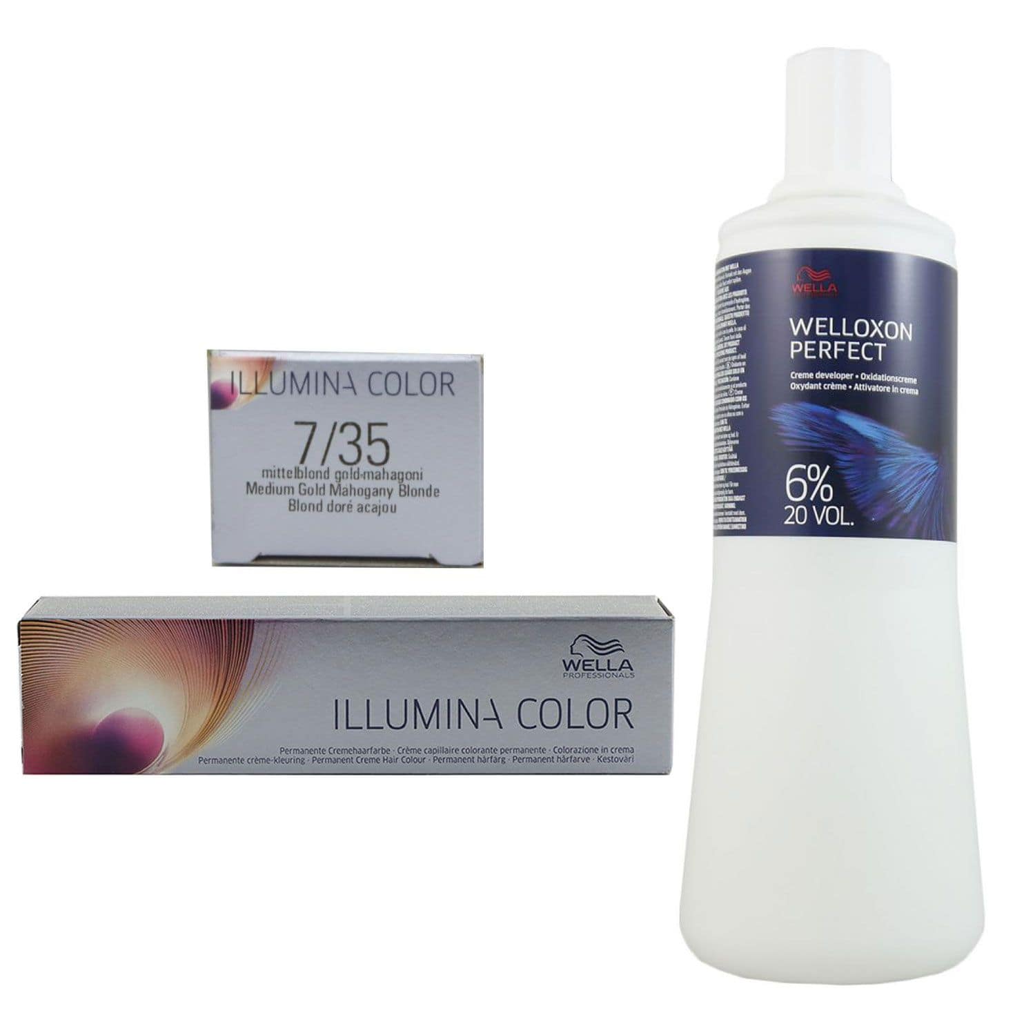 Wella Illumina 60 ml 7/35 mittelblond gold mahagoni & 1000 ml 6 % Entwickler Set