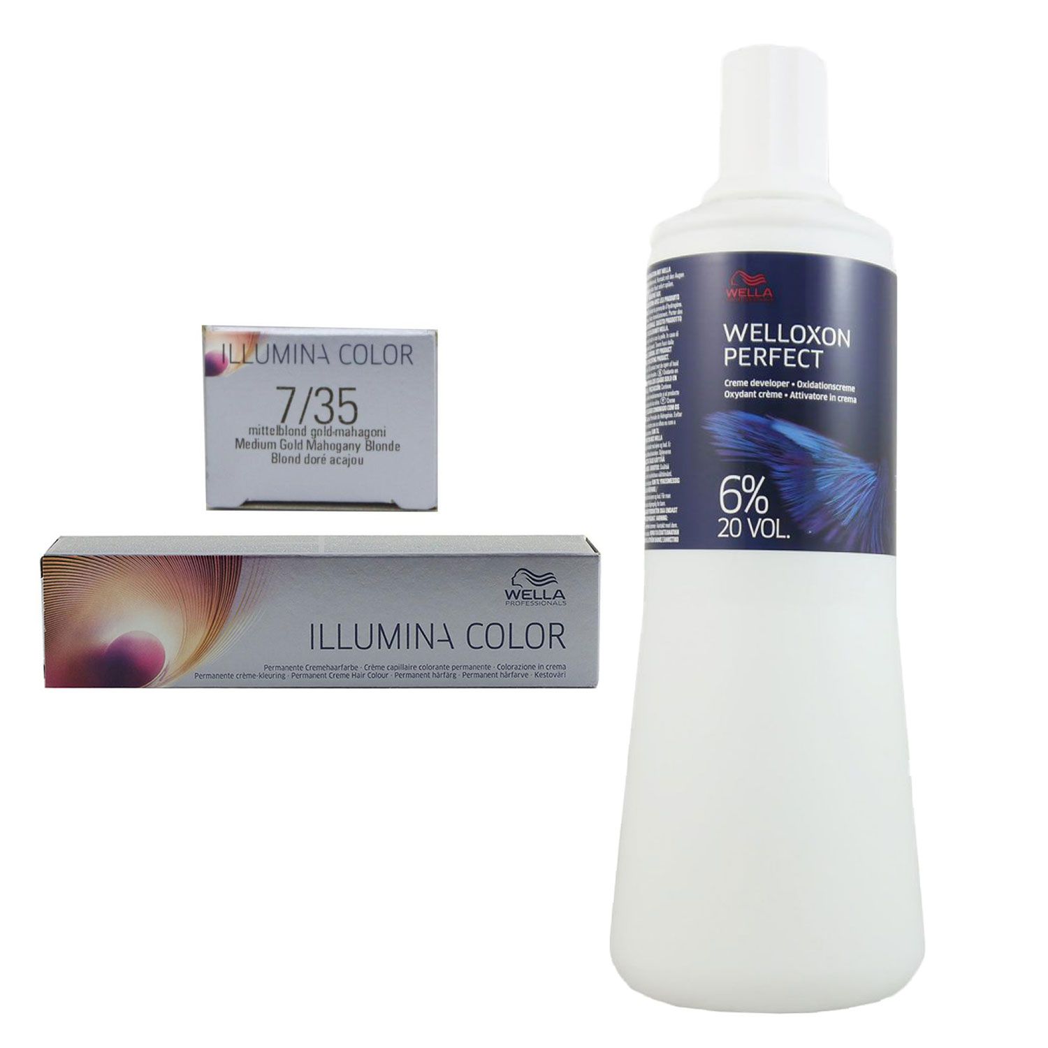 Wella Illumina 60 ml 7/35 mittelblond gold mahagoni & 1000 ml 6 % Entwickler Set
