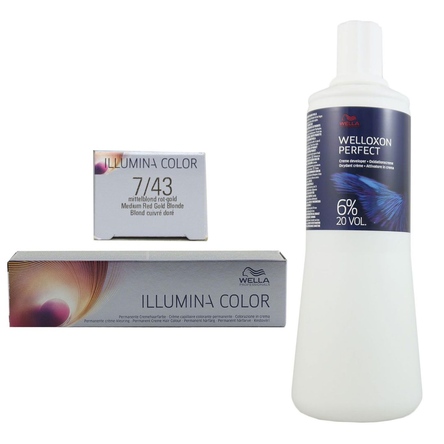 Wella Illumina 60 ml 7/43 mittelblond rot gold & 1000 ml 6 % Entwickler Set