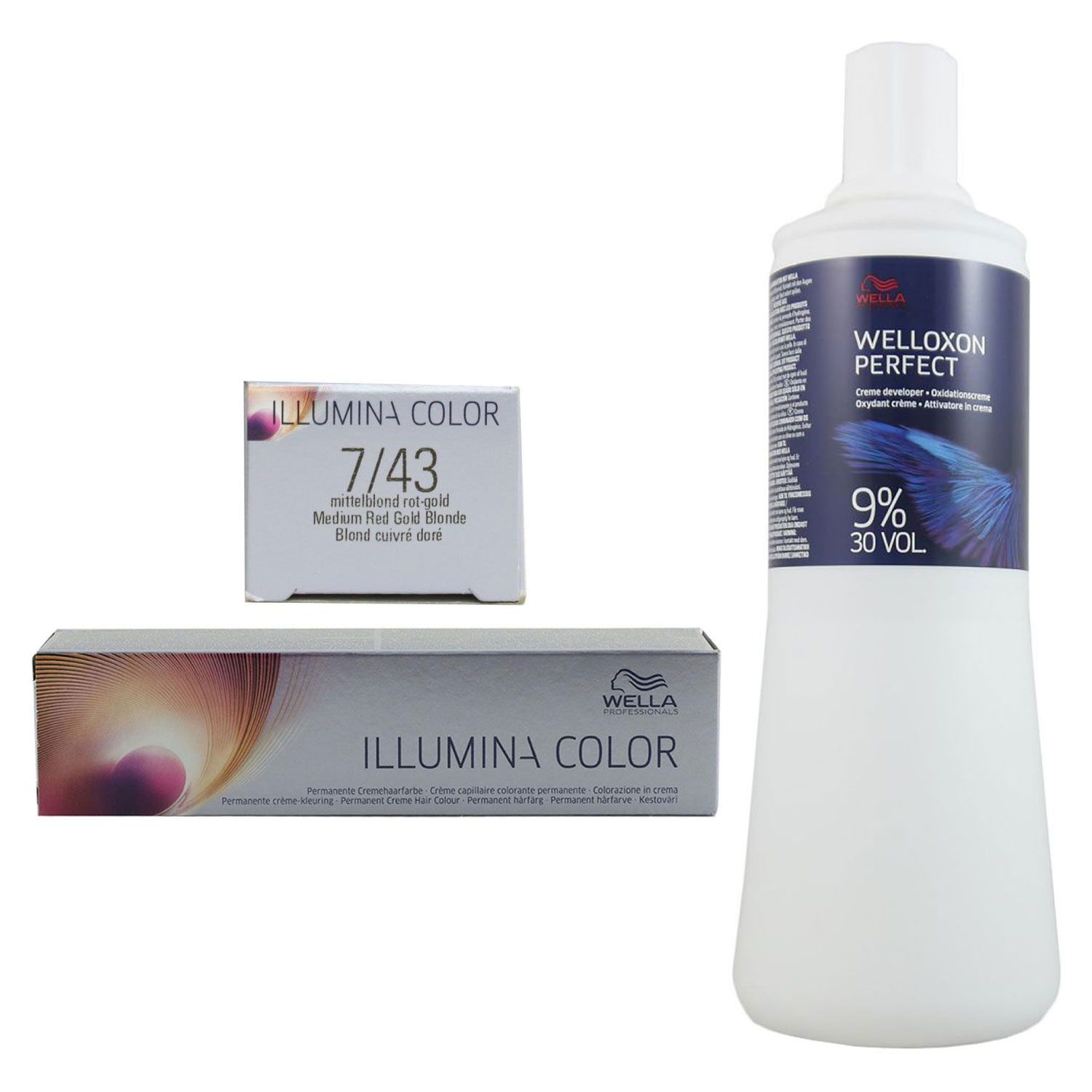 Wella Illumina 60 ml 7/43 mittelblond rot gold & 1000 ml 9 % Entwickler Set