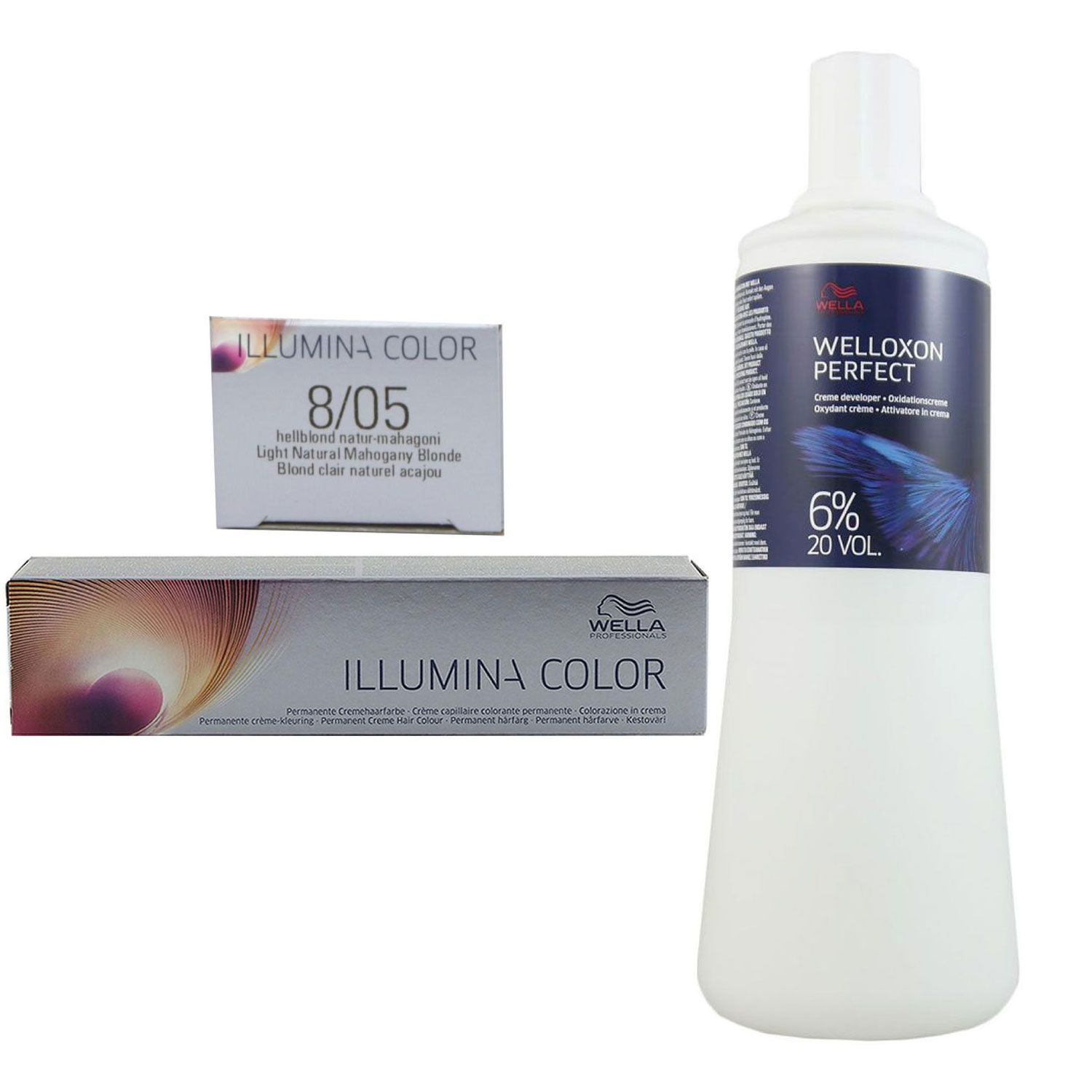 Wella Illumina 60 ml 8/05 hellblond natur mahagoni & 1000 ml 6 % Entwickler Set