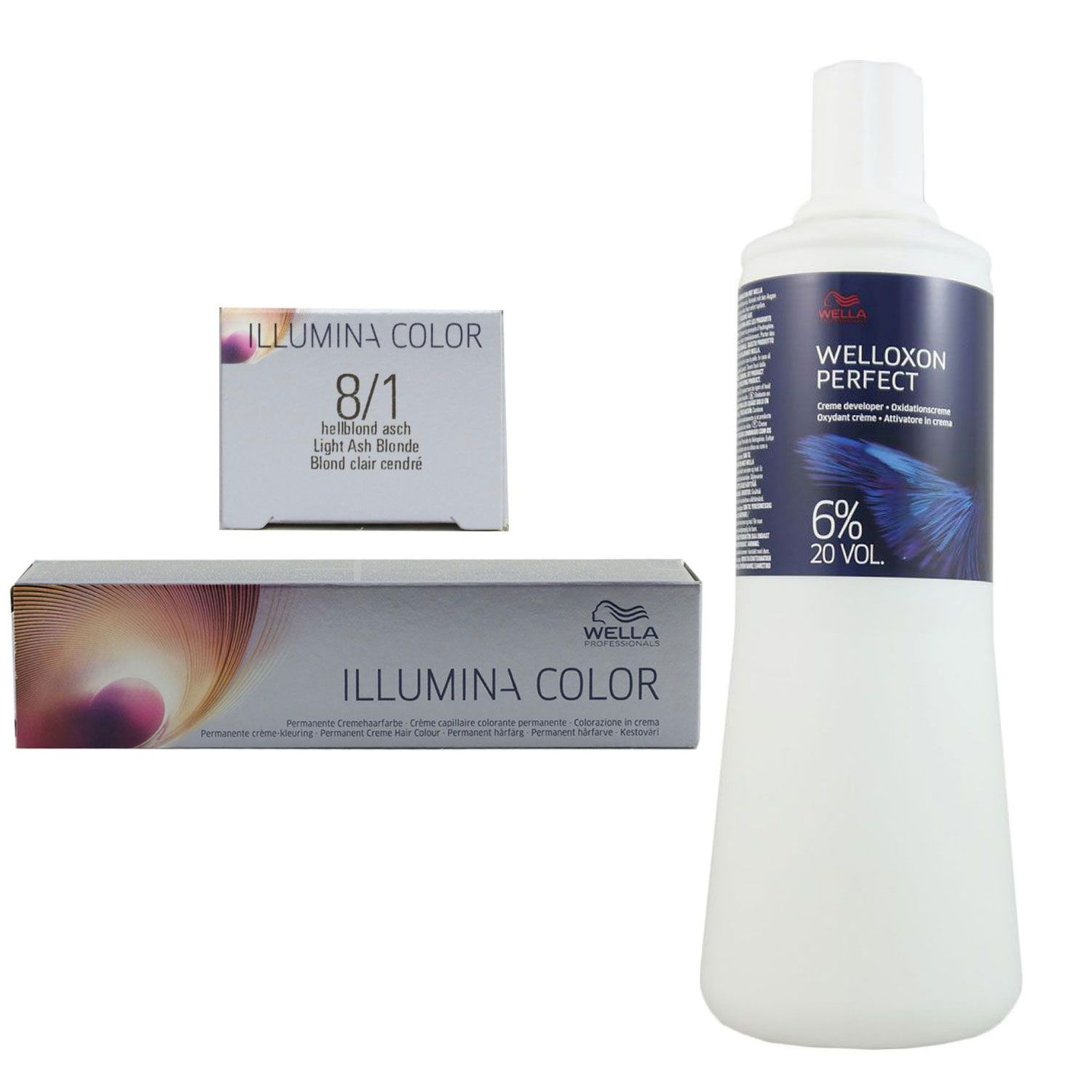 Wella Illumina 60 ml 8/1 hellblond asch & 1000 ml 6 % Entwickler Set