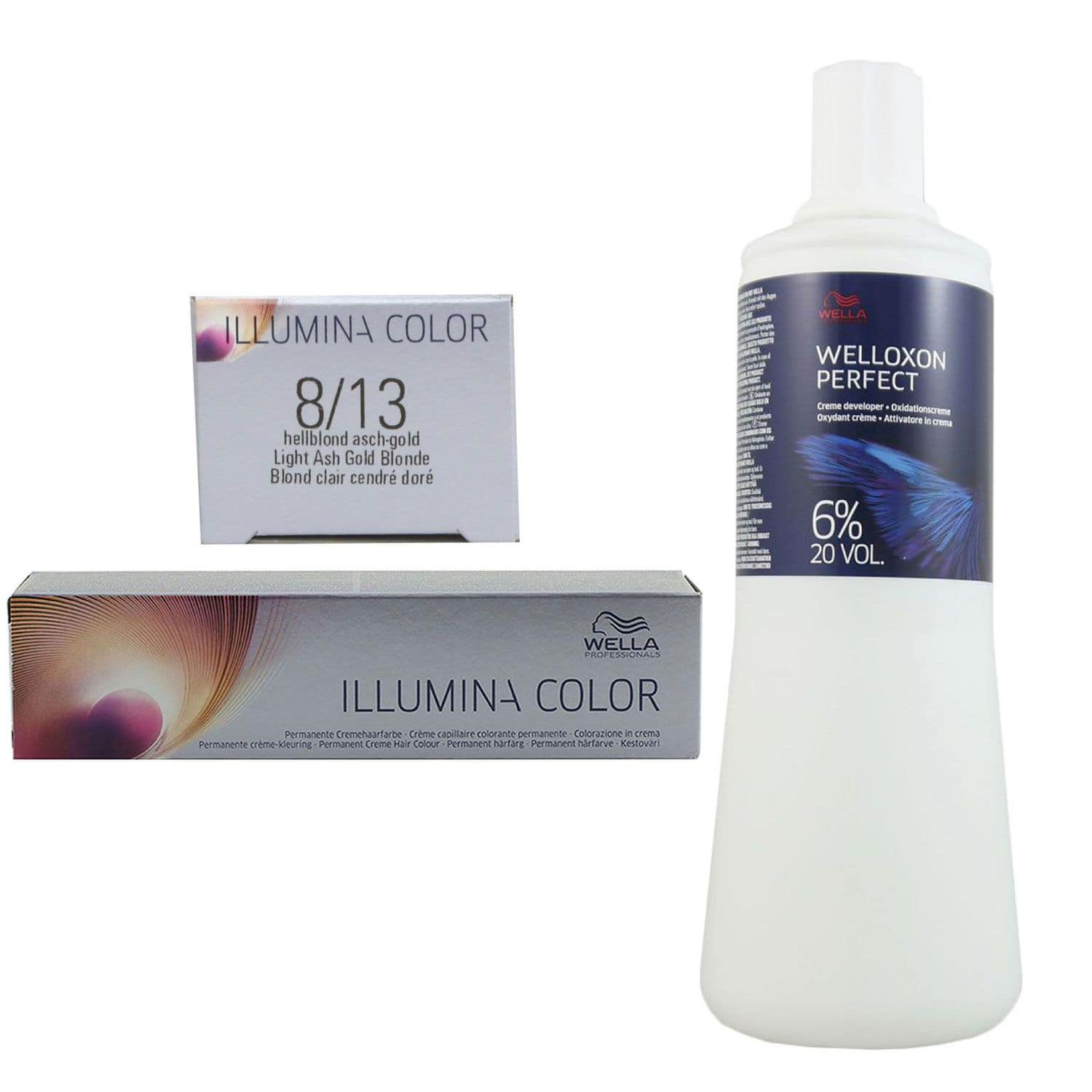 Wella Illumina 60 ml 8/13 hellblond asch gold & 1000 ml 6 % Entwickler Set