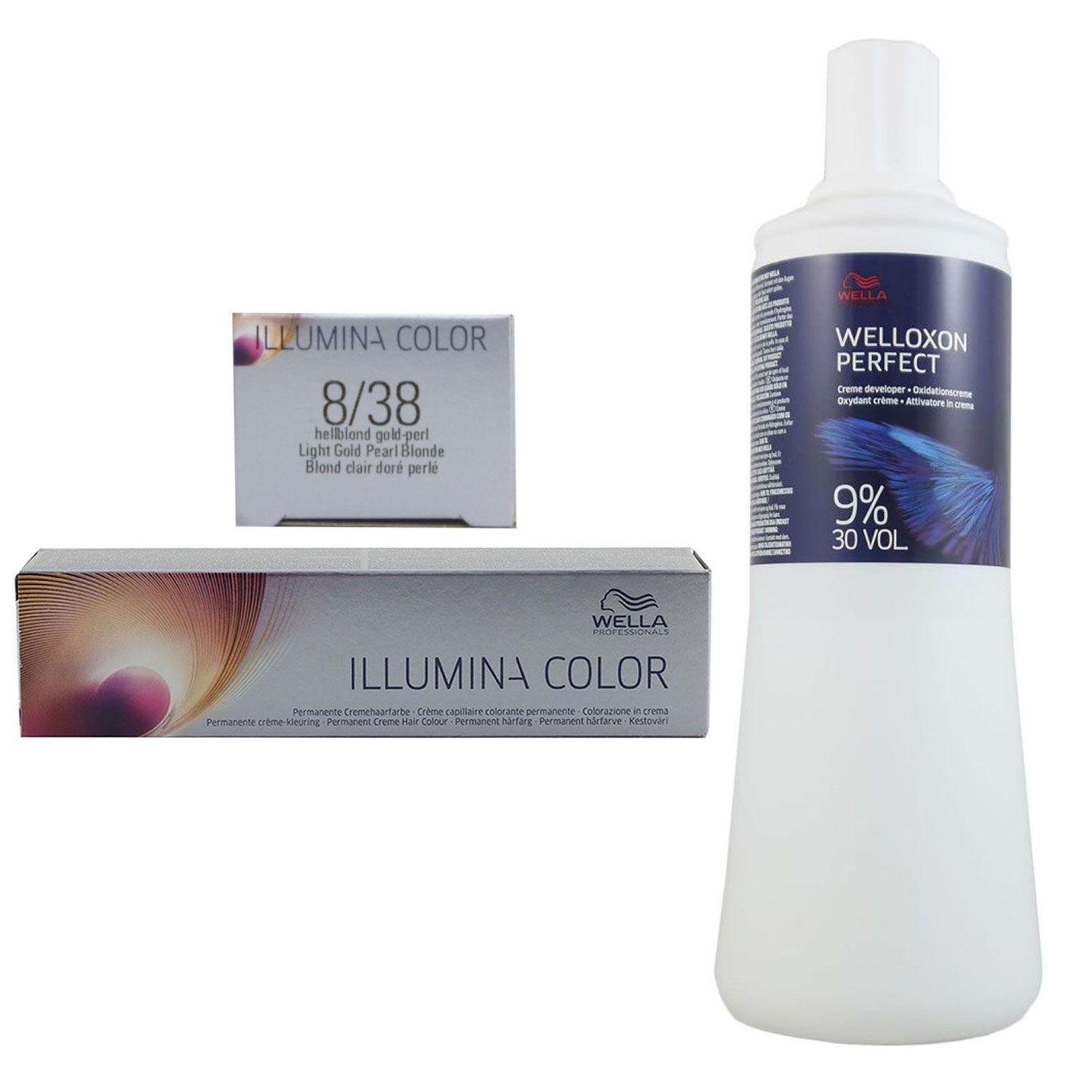 Wella Illumina 60 ml 8/38 hellblond gold pearl & 1000 ml 9 % Entwickler Set