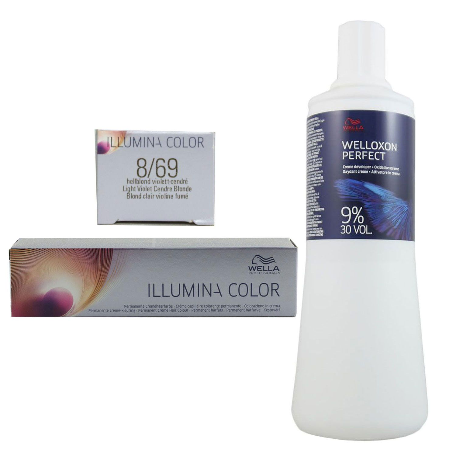 Wella Illumina 60 ml 8/69 hellblond violett cendre & 1000 ml 9 % Entwickler Set