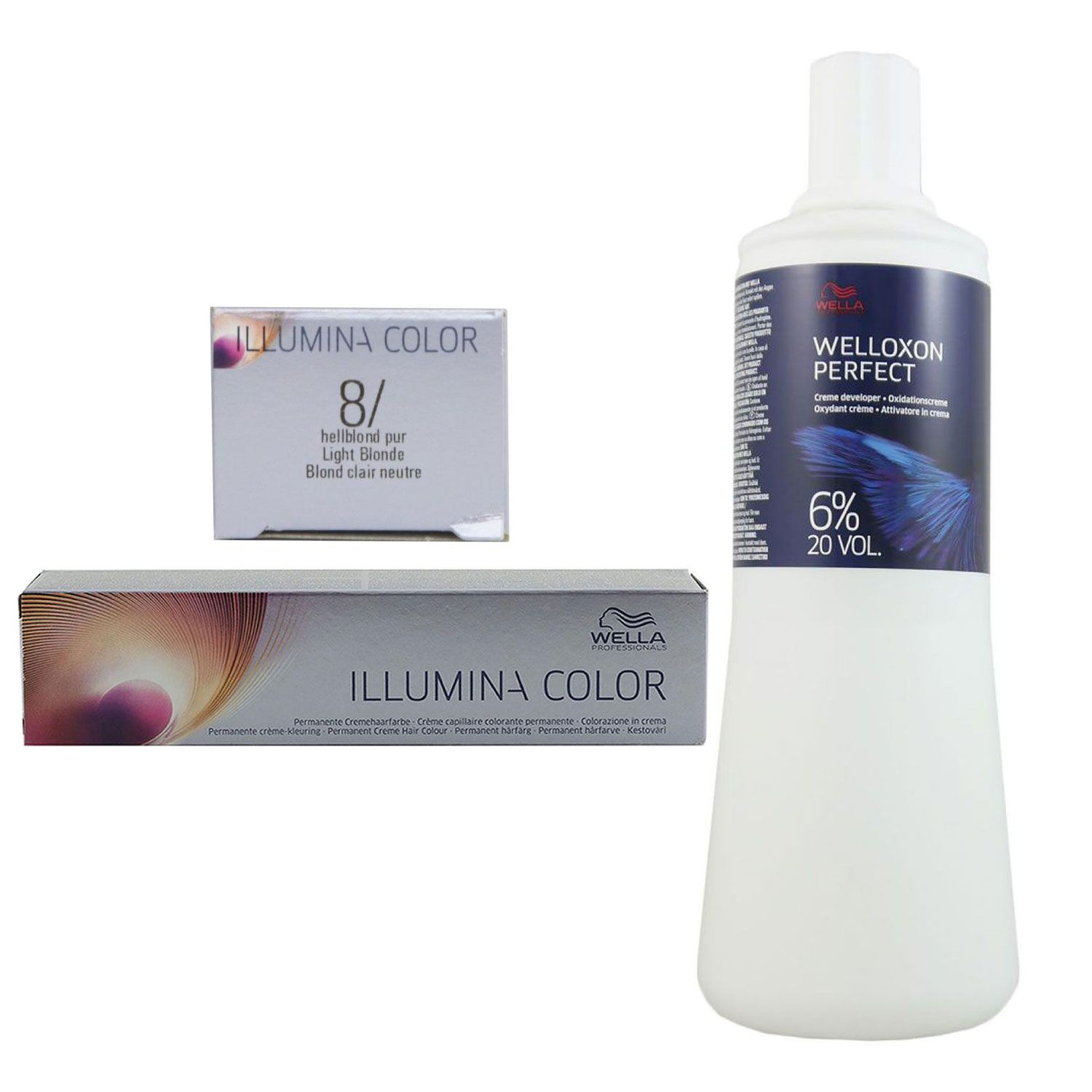 Wella Illumina 60 ml 8/ hellblond & 1000 ml 6 % Entwickler Set