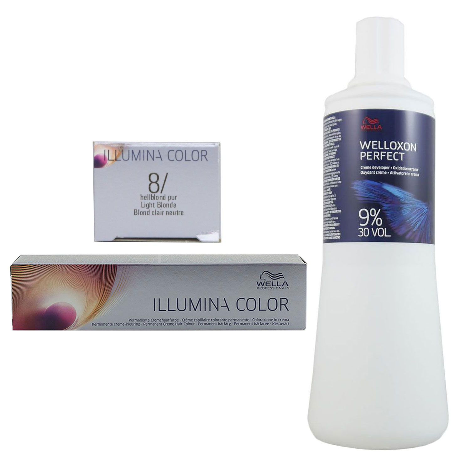 Wella Illumina 60 ml 8/ hellblond & 1000 ml 9 % Entwickler Set