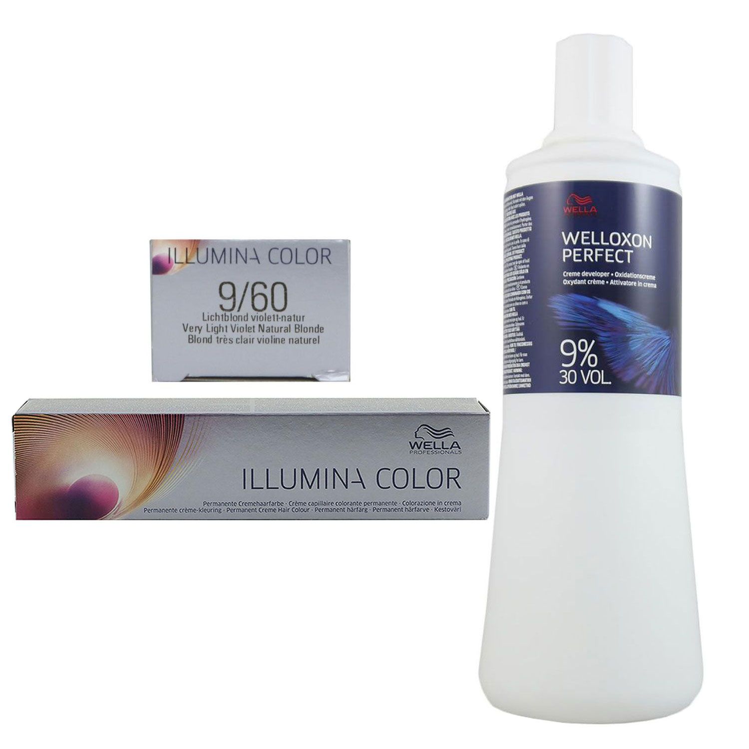 Wella Illumina 60 ml 9/60 lichtblond violett natur & 1000 ml 9 % Entwickler Set