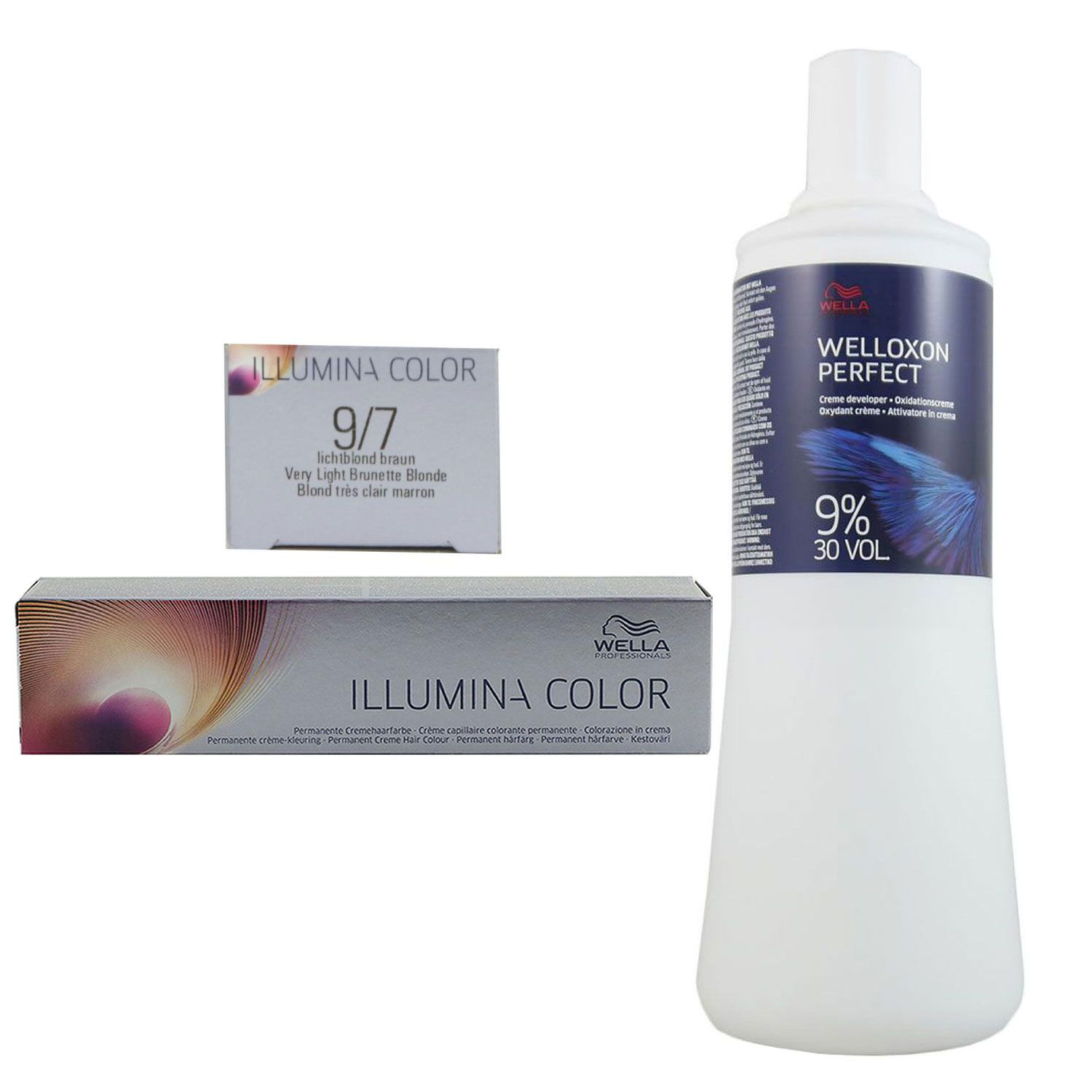 Wella Illumina 60 ml 9/7 lichtblond braun & 1000 ml 9 % Entwickler Set