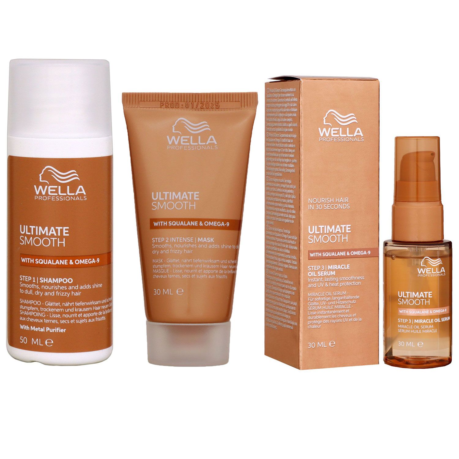 Wella Ultimate Smooth Shampoo 50 ml & Mask 30 ml Miracle Oil Serum 30 ml Set