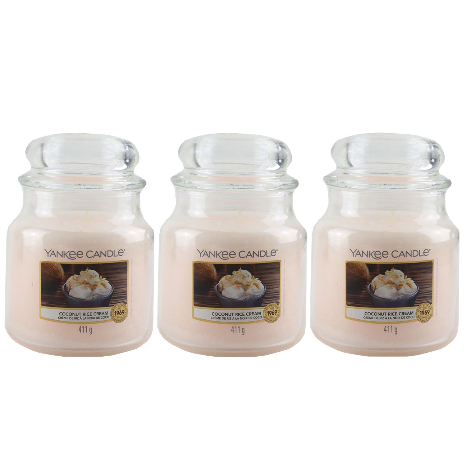 Yankee Candle Duftkerze Coconut Rice Cream im Glas Jar 3 x 411 g Housewarmer Set